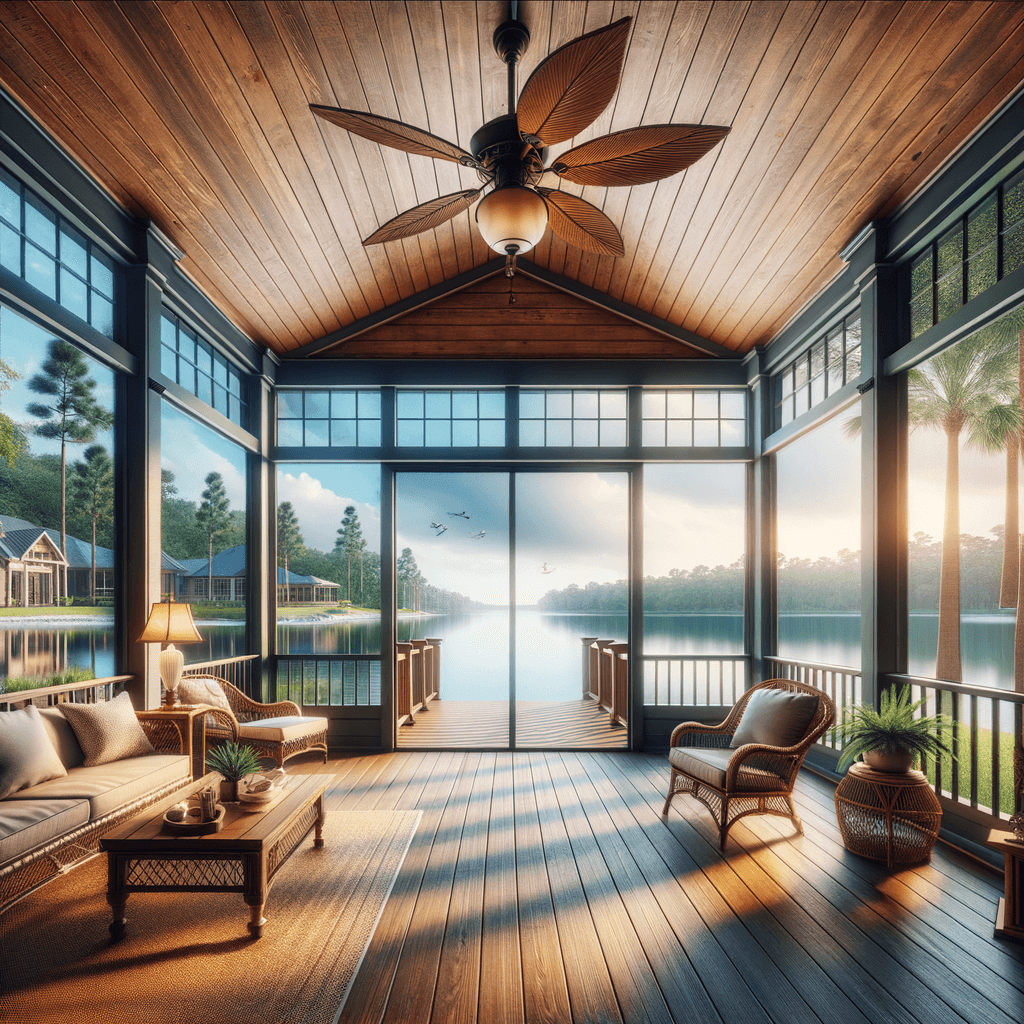 Screened porch with ceiling fan